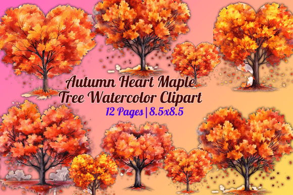 Autumn Heart Maple Tree Watercolor Illustrations