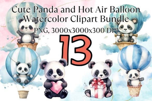 Baby Panda Hot Air Balloon Watercolor Illustrations