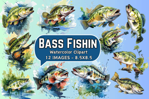 Bass Fishin Watercolor Clipart for Illustrations