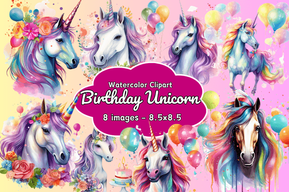 Birthday Unicorn Watercolor Clipart Illustrations