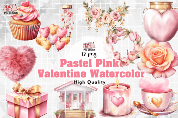 Pastel Pink Valentine Watercolor Clipart Illustrations