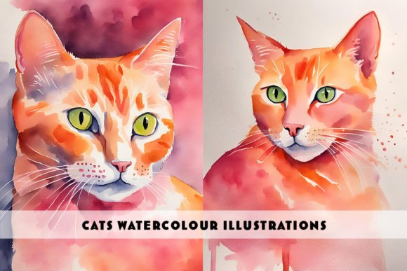 Pink and Orange Cat Watercolour Duo Illustrations