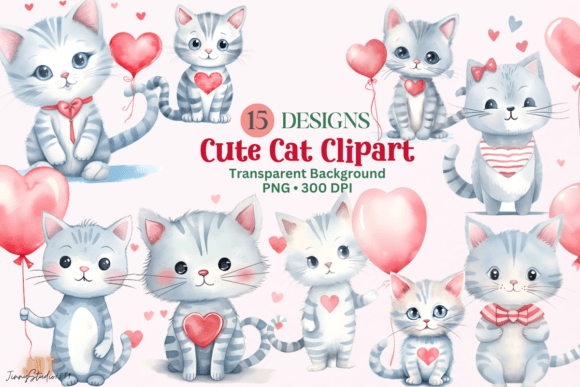 Valentine Cute Cat Watercolor Clipart Illustrations