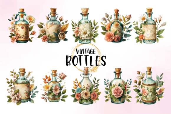 Vintage Floral Bottle Illustrations for Crafters