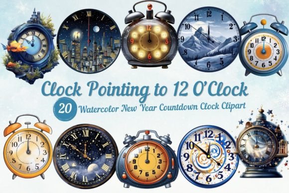 Watercolor 12AM Clock Illustrations for New Year Crafts