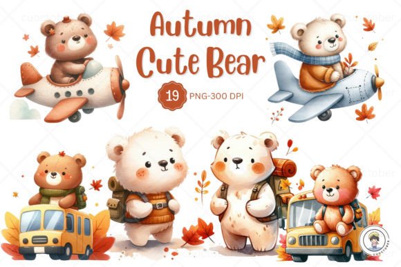 Watercolor Autumn Cute Bear Travel Trip Illustrations
