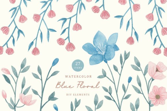 Watercolor Blue Floral Elements: Illustrations for Local Branding