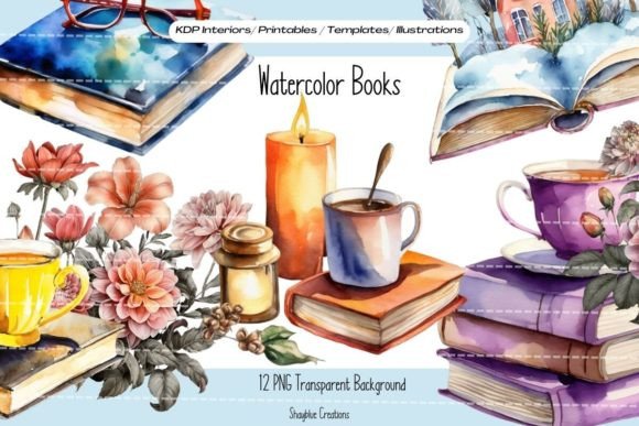 Watercolor Book PNG Clipart Bundle: Editorial Illustrations