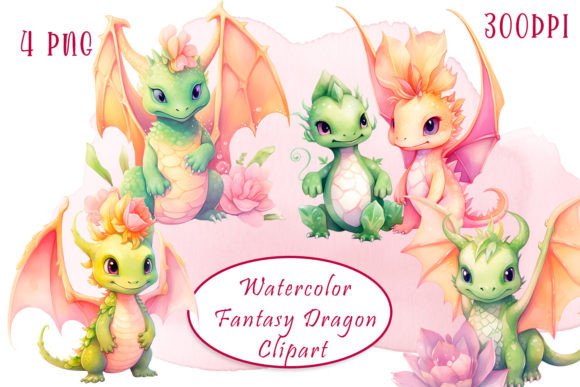 Watercolor Colorful Flowers Dragons in Illustrations