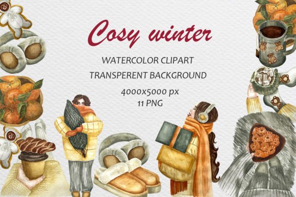Watercolor Cosy Winter Clipart Set 11png Illustrations
