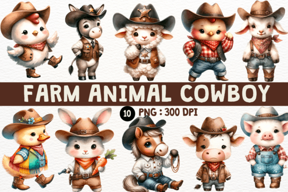 Watercolor Cowboy Farm Animal Clipart Illustrations