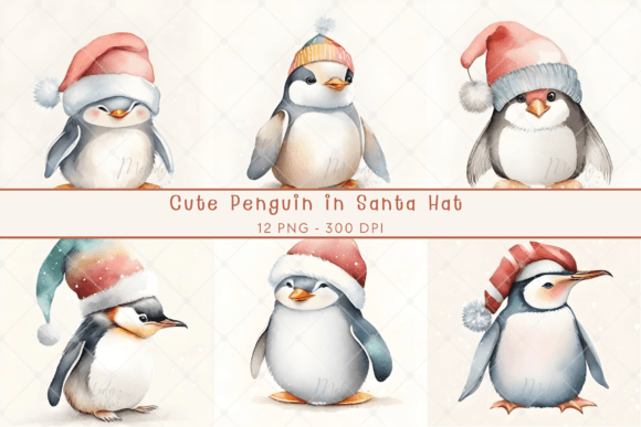 Watercolor Cute Penguin in Santa Hat Illustrations Review
