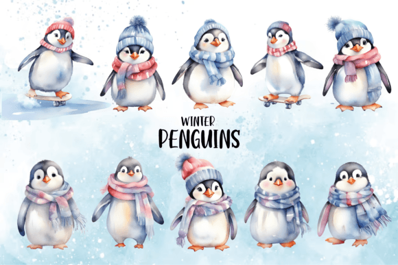 Watercolor Cute Winter Penguin Clipart Illustrations