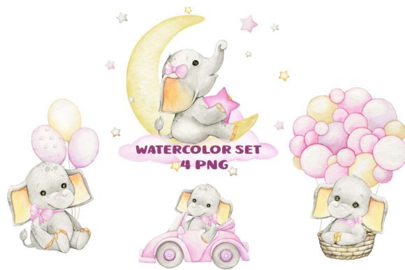 Watercolor Elephant Clipart Girl PNG Illustrations