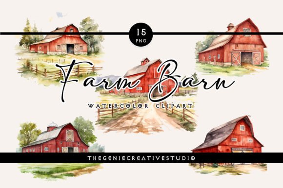 Watercolor Farm Barn PNG Clipart Illustrations