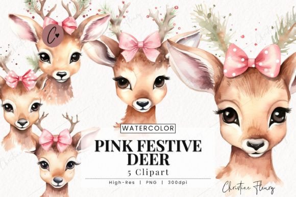 Watercolor Pink Festive Deer Illustrations for Editorial