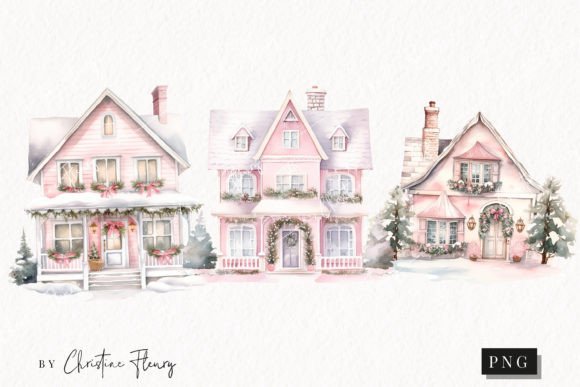 Watercolor Pink Festive Houses Clipart Review