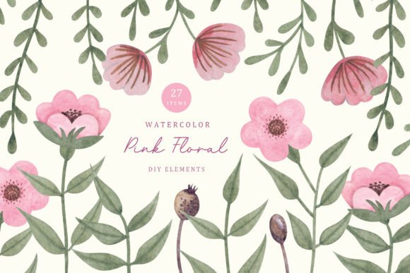 Watercolor Pink Floral Elements: Illustrations for Branding