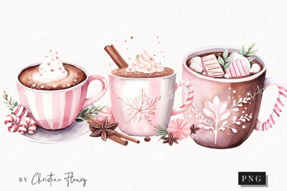 Watercolor Pink Hot Cocoa Clipart Illustrations