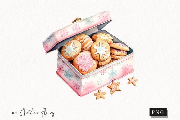 Watercolor Pink Tin of Cookies Clipart Illustrations