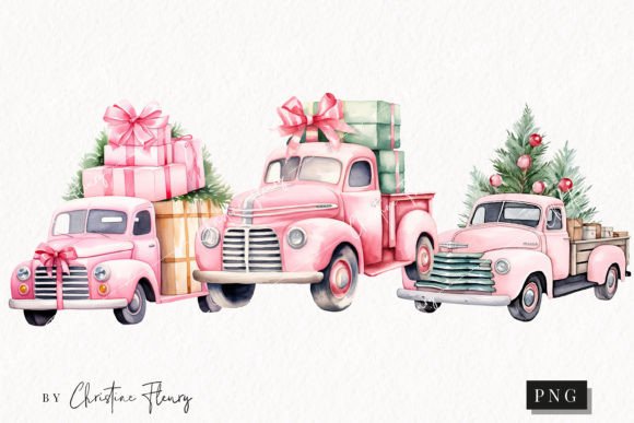 Watercolor Pink Vintage Trucks Illustrations Review
