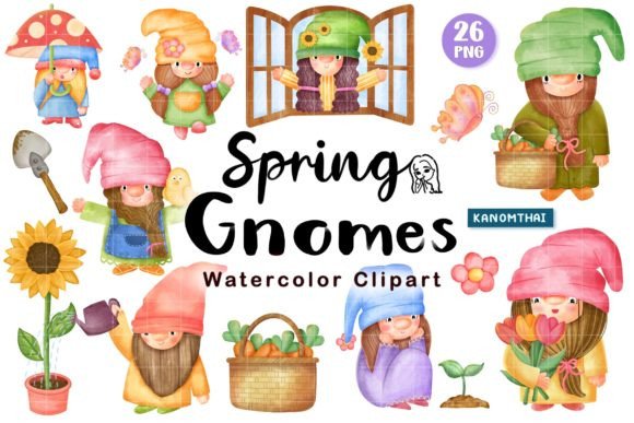 Watercolor Spring Gnomes Illustrations for Crafting