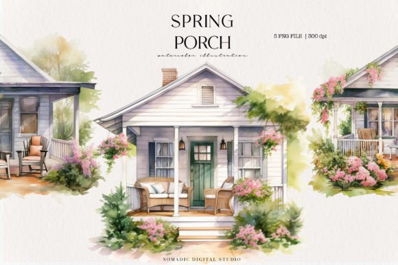 Watercolor Spring Porch Clipart: Editorial Illustrations