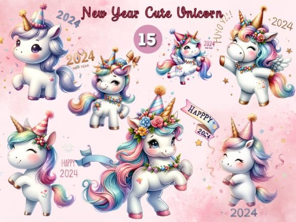 Watercolor Unicorn New Year Sublimation Illustrations