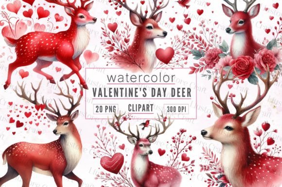 Watercolor Valentines Deer Clipart: Editorial Illustrations