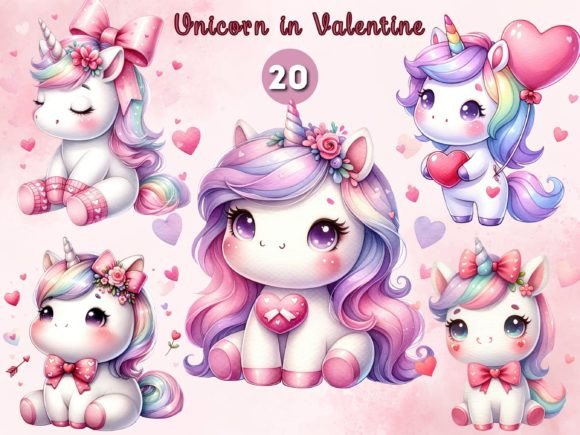 Watercolor Valentines Unicorn Illustrations for Branding