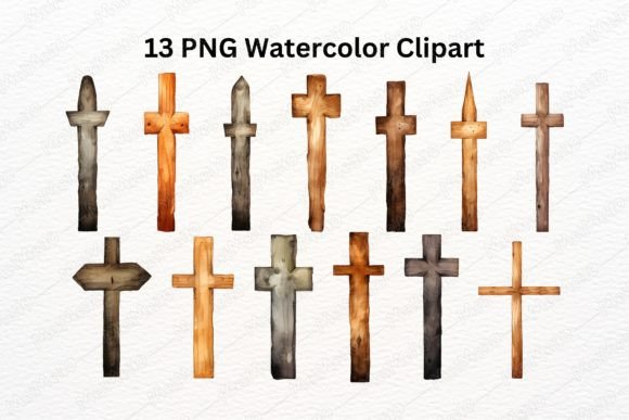Watercolor Wooden Church Cross Bundle Illustrations