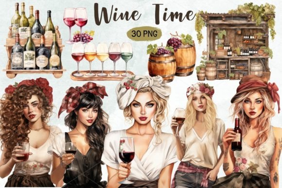 Wine Time Girl Watercolor Clipart for Embroidery