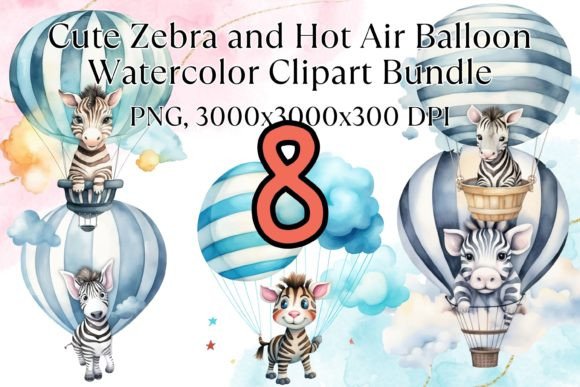 Zebra Hot Air Balloon Watercolor Clipart Illustrations